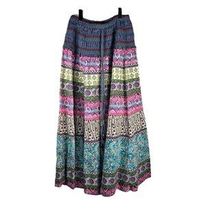 Boho Patchwork Ruched Colorful Dress Skirt Flowy Maxi Stretch